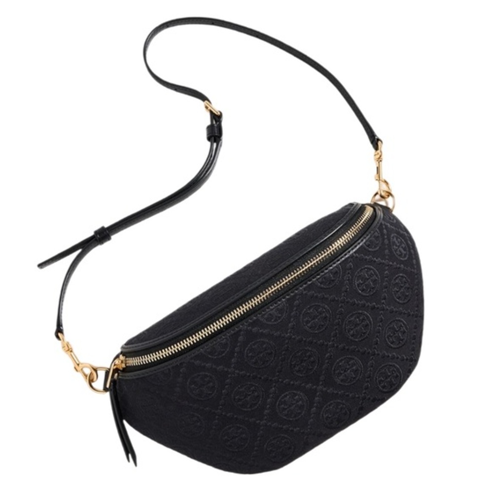 Tory Burch T Monogram Leather Belt Bag Black with gold hardware